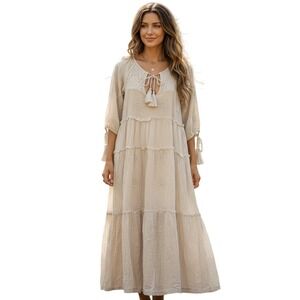 Free People Tiered Midi Dress Womens XS Cream Cotton Gauze Embroidered Boho